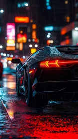 Sleek supercar idles under neon rain in a glowing cityscape.