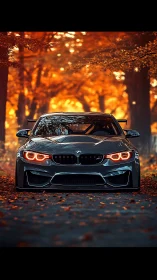 Lowered BMW coupe advances through luminous autumn corridor