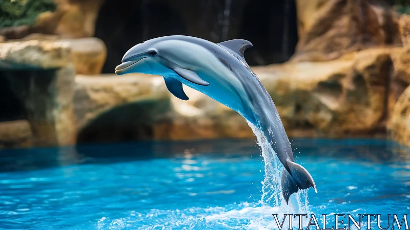 Playful dolphin arcs above bright turquoise water in mid-leap.