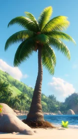 Solitary Coconut Palm with Illuminated Fronds Against Clear Sky