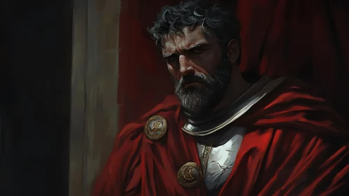 Brooding Roman commander wrapped in crimson regalia stands.