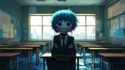 Smiling blue-haired figure dominates eerie empty classroom.