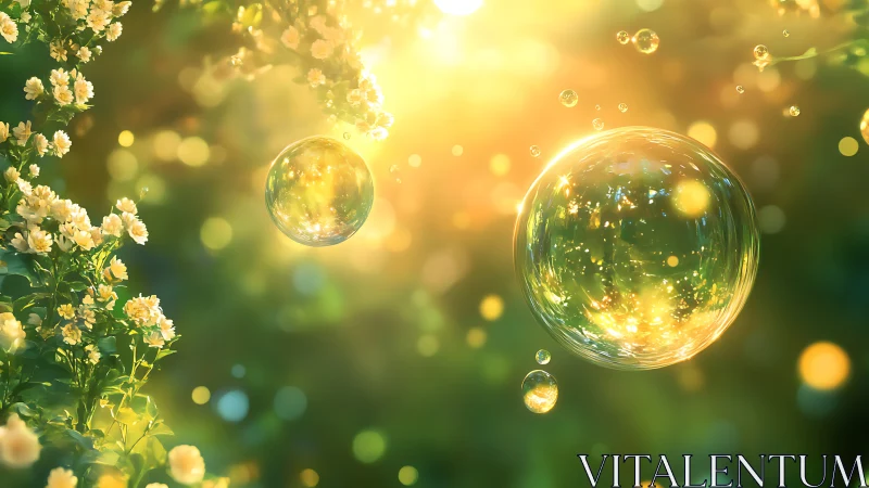 Sunlit garden bubbles with glowing floral reflections.