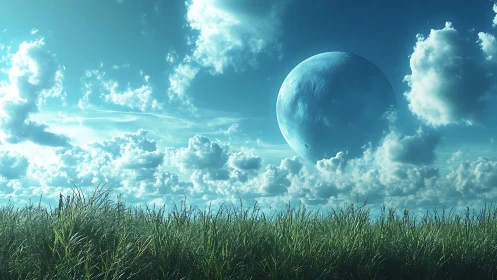 Giant pale moon rises above tranquil cloud-washed grassland.