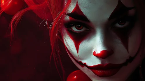 Sinister red clown portrait stares with dark, intense allure
