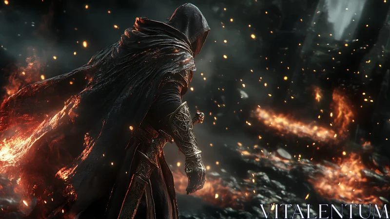 Hooded armored figure stands amid burning embers in ruins