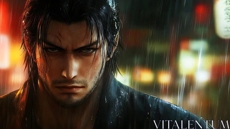 Rain-soaked warrior portrait under neon bokeh with cinematic rim lighting