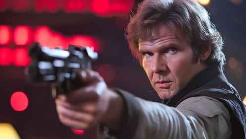 Blaster-aiming space smuggler portrait under neon light