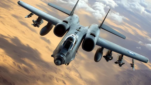 Twin-engine attack jet over stratified desert cloud field.