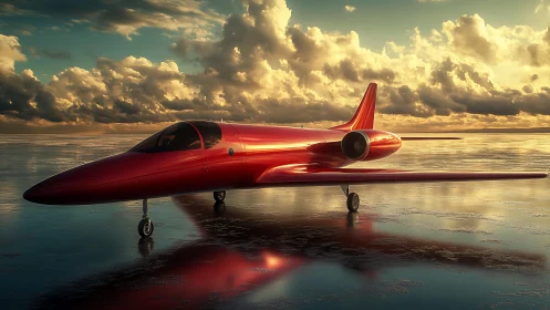 Crimson jet concept on reflective salt flat at golden hour.
