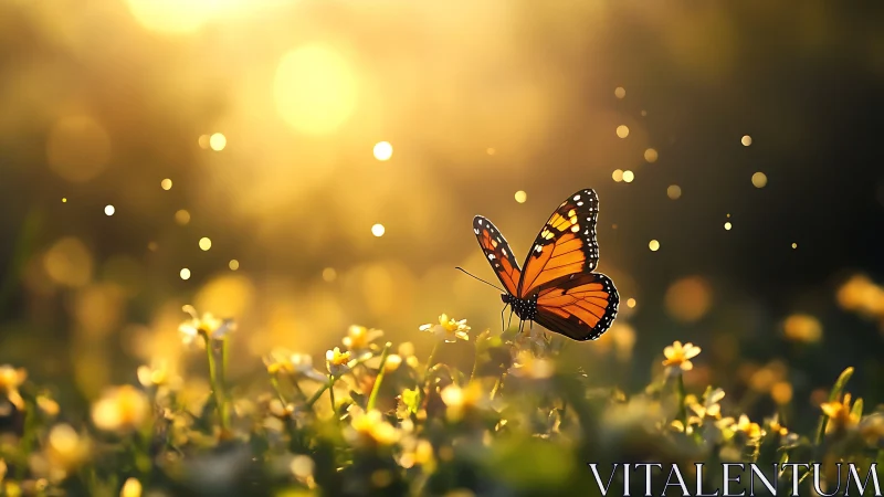 Monarch butterfly over sunlit wildflowers at golden hour.
