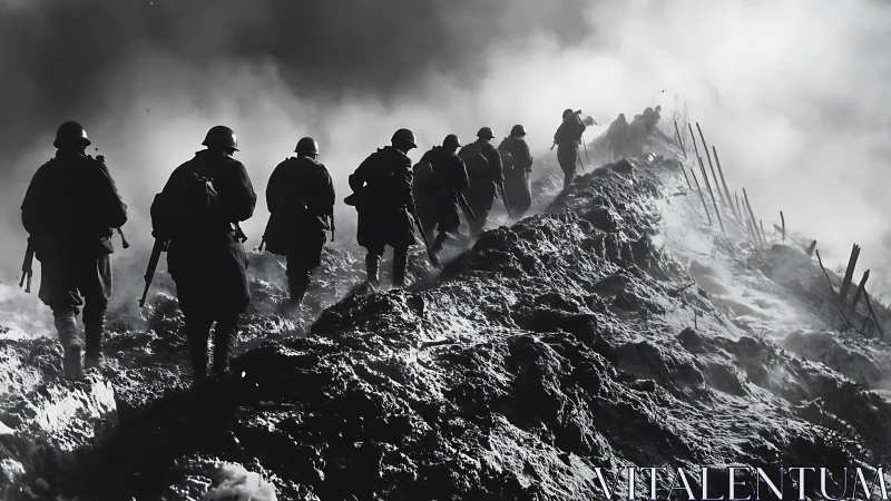 Infantry column advances along cratered ridge in dense battlefield smoke