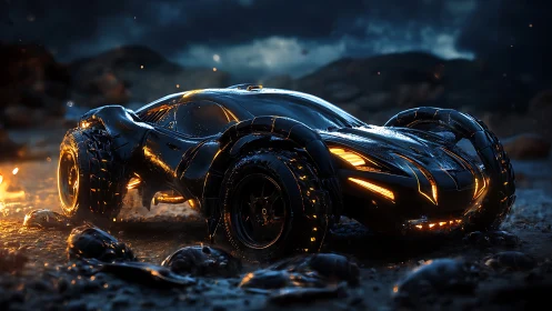 Futuristic offroad hypercar glows against stormy wasteland night