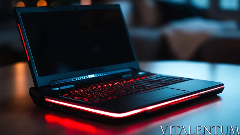 Gaming laptop displays red LED accents on keyboard and base