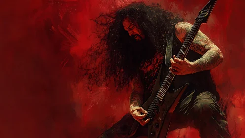 Metal guitarist in red haze with dynamic digital brushwork.