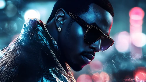 Stylized portrait of man in sunglasses at night city.