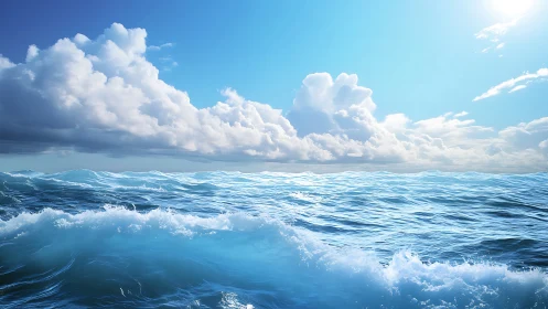 Sunlit ocean waves roll under towering cumulus clouds