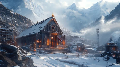 Mountain temple structure in winter landscape at dusk.