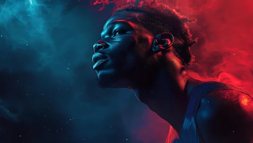 Cyberpunk portrait in dual-tone neon atmospheric lighting.