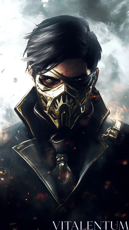 Masked cyber-noir assassin rendered in dramatic digital chiaroscuro