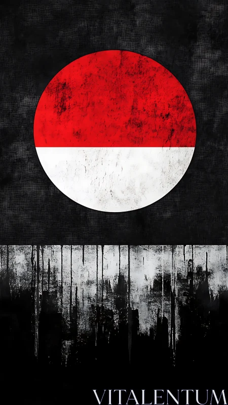 Weathered red-white circle contrasts with dripping monochrome field