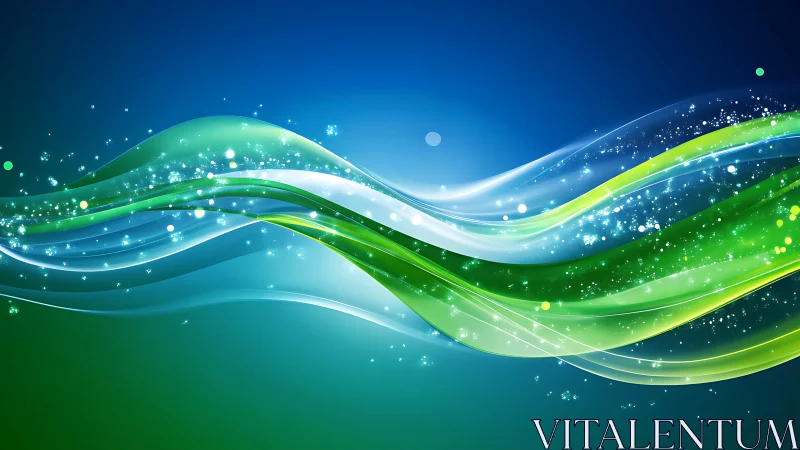Luminous green and blue energy waves curve across dark gradient