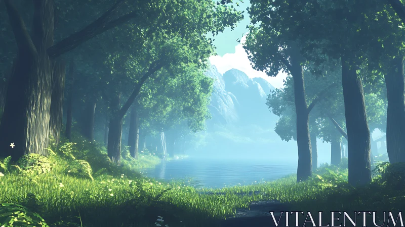 Forest clearing with lake vista and distant mountains