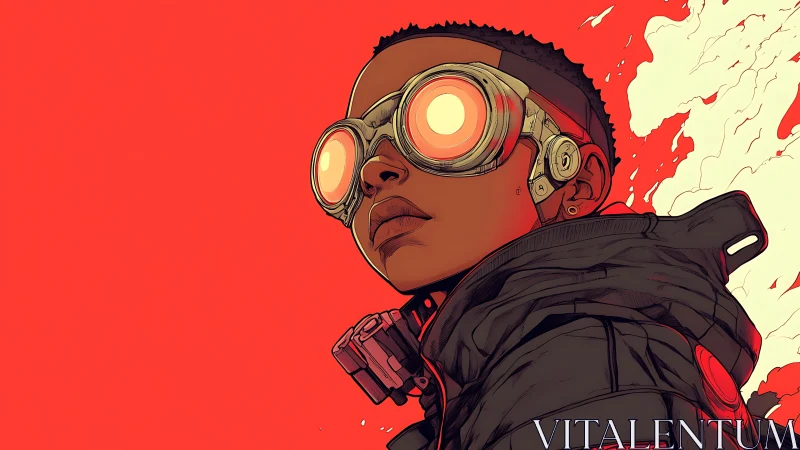 Futuristic portrait with glowing goggles on red field.