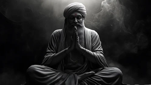 Meditating elder sits cross legged in dramatic side lighting