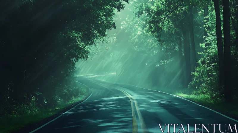 Immersive forest tunnel landscape with volumetric light rays and curved asphalt roadway.