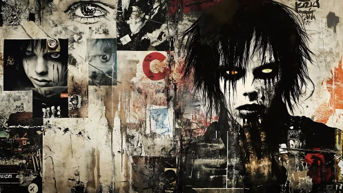 Urban collage reveals a brooding goth figure with glowing eyes