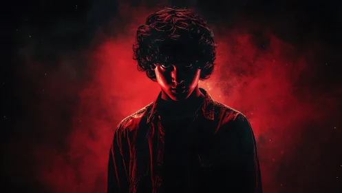 Crimson halo around a shadowed curly haired night watcher.