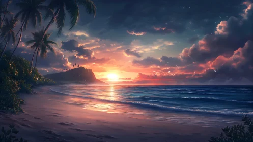 Digital coastal seascape depicts sunset over tropical shoreline