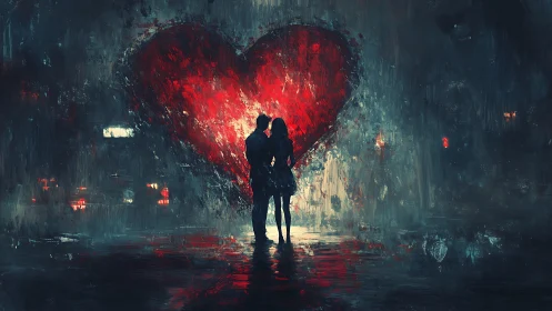 Silhouetted Couple Beneath Luminous Heart Glow: Urban Nocturne.