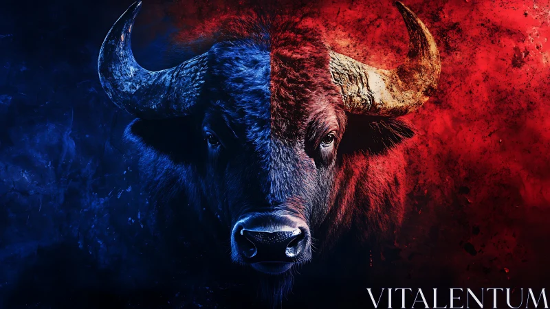 Bison portrait split by blue and red smoke background.