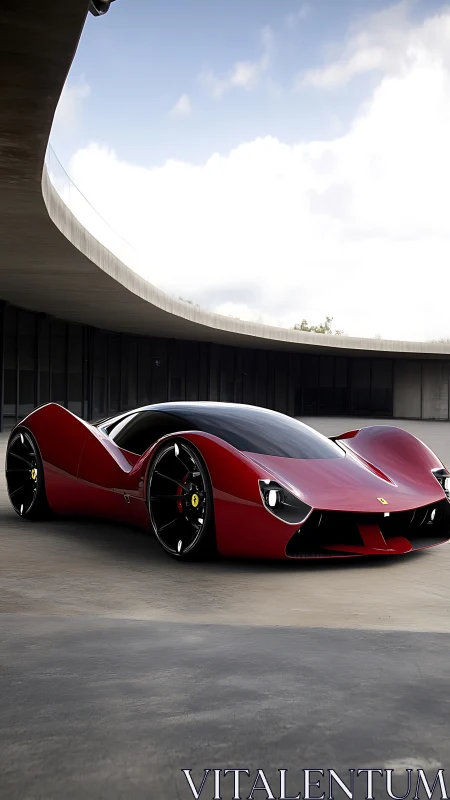 Radical red supercar concept gleams in sleek courtyard.