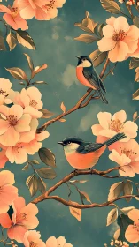 Songbirds on flowering branches against teal spring sky