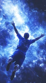 Digital athlete diving through blue energy vortex field.