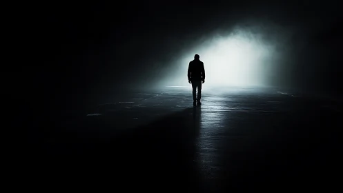 Silhouetted figure walking toward backlit tunnel aperture.