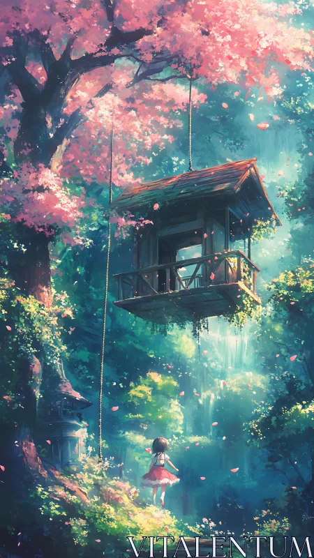 Suspended treehouse dream above a girl in drifting petals.