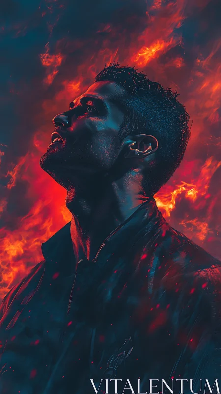 Incandescent profile study of male figure in chromatic flames.