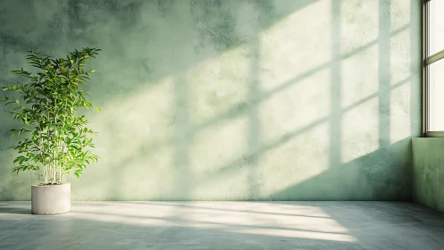 Minimalist room with potted plant and strong window light.