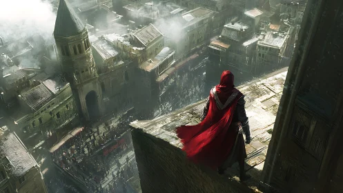 Solitary cloaked figure surveys a mist-shrouded ancient city