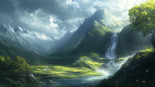 Luminous fantasy valley with cascading mountain waterfall.