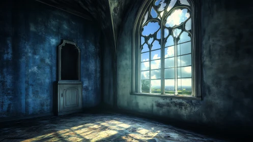 Sunlit gothic window in worn blue interior.