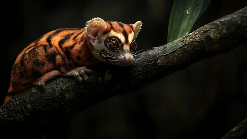Shy striped forest creature resting on a shadowy branch.