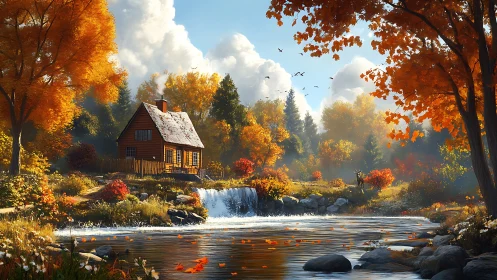 Cabin overlooks bright autumn river beside low waterfall