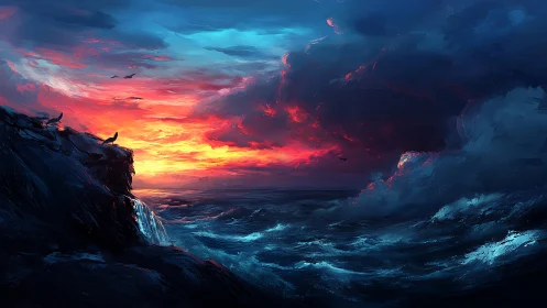 Storm-lit seascape renders dramatic sunset over turbulent ocean