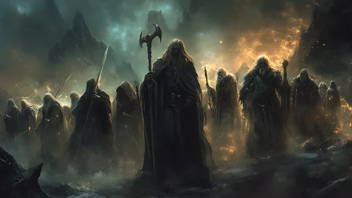 Cloaked spectral warriors advance through volcanic wasteland haze
