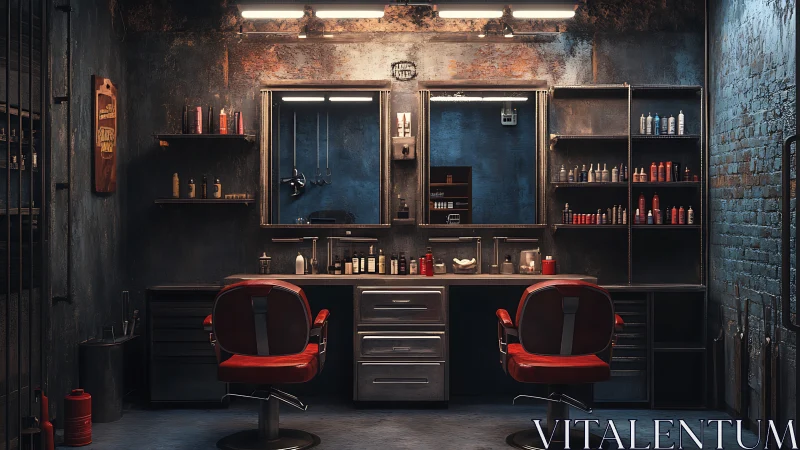 Urban barbershop bunker with crimson thrones aglow.